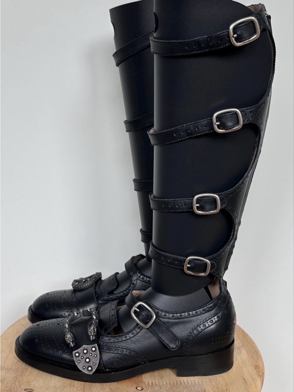 Gucci Black Lace-Up Buckle Knee-High Boots